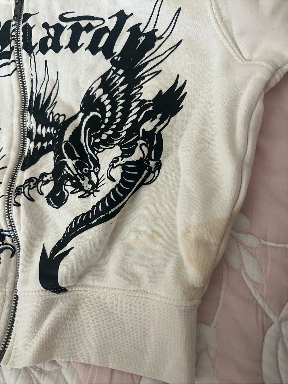 Ed Hardy Cream Zip-Up Hoodie with Black Script & Colorful Tattoo Graphics - Picture 2 of 3